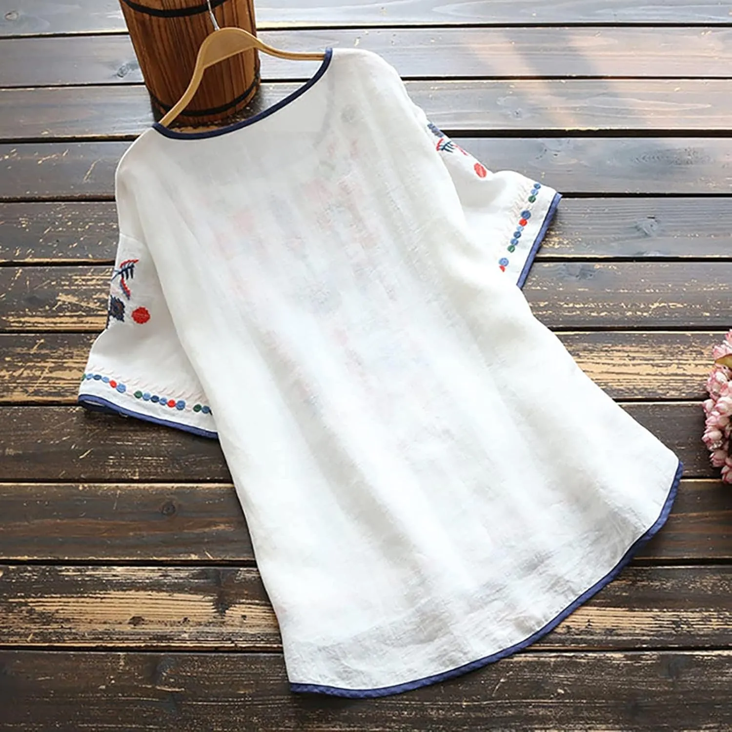 Mexican Embroidered Shirts for Women Boho Tops Loose Short Sleeve Bohemian Blouses Peasant Summer Outfits
