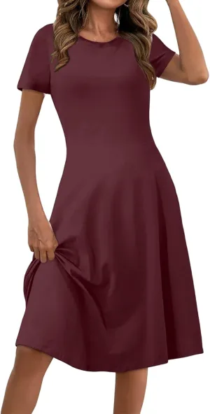 Midi Dresses for Women Casual Sundresses Short Sleeve Crewneck Summer Dress Empire Waist A-Line Dresses 2025