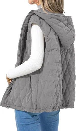 Mmoneyake Fall Vest for Women 2024 Casual Sleeveless Hooded Zip Up Jacket Quilted Puffer Down Jacket Winter Coat Outerwear