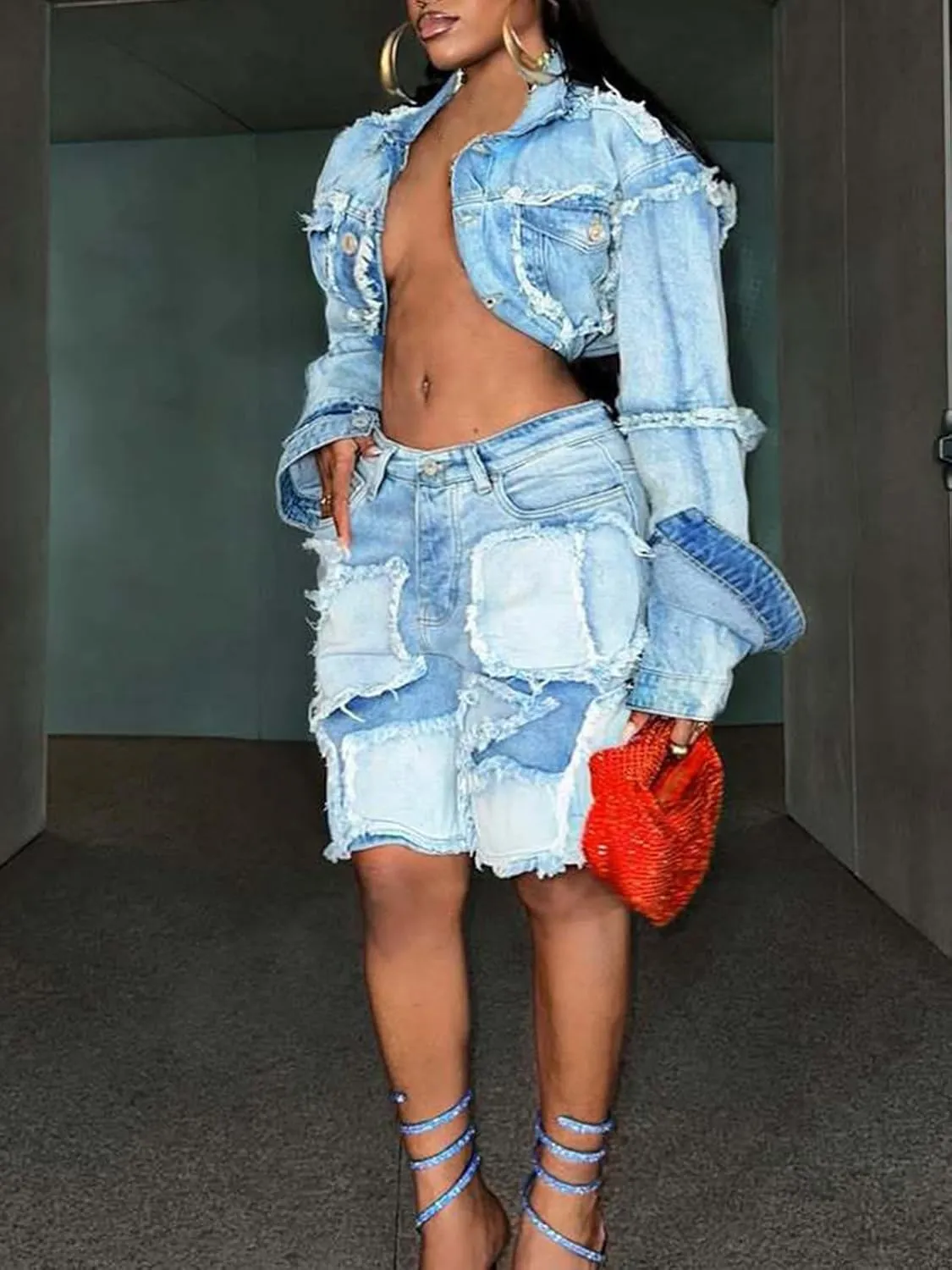 Molisry Women's 2 Piece Denim Shorts Set Ripped Crop Denim Jacket High Waisted Cargo Jean Shorts Streetwear