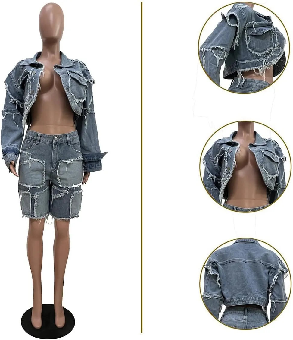 Molisry Women's 2 Piece Denim Shorts Set Ripped Crop Denim Jacket High Waisted Cargo Jean Shorts Streetwear