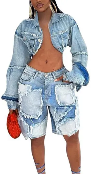 Molisry Women's 2 Piece Denim Shorts Set Ripped Crop Denim Jacket High Waisted Cargo Jean Shorts Streetwear