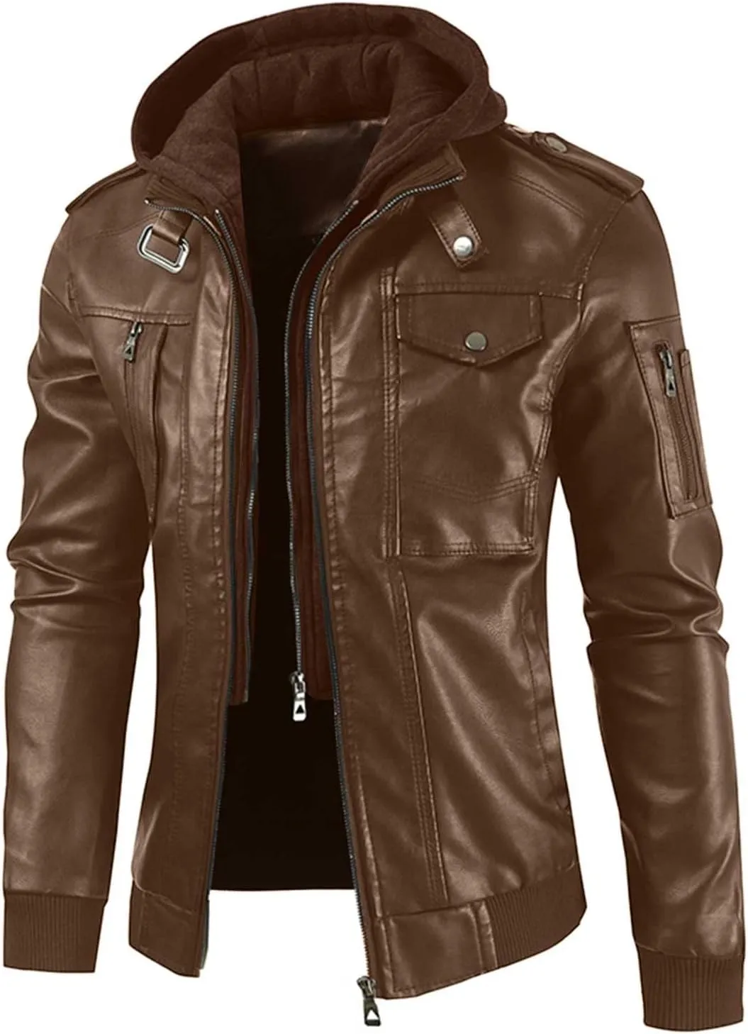 Motorcycle Jackets Coat for Men Winter Fleece Lined Faux Leather Jacket Windproof Bomber Trucker Jackets with Hood
