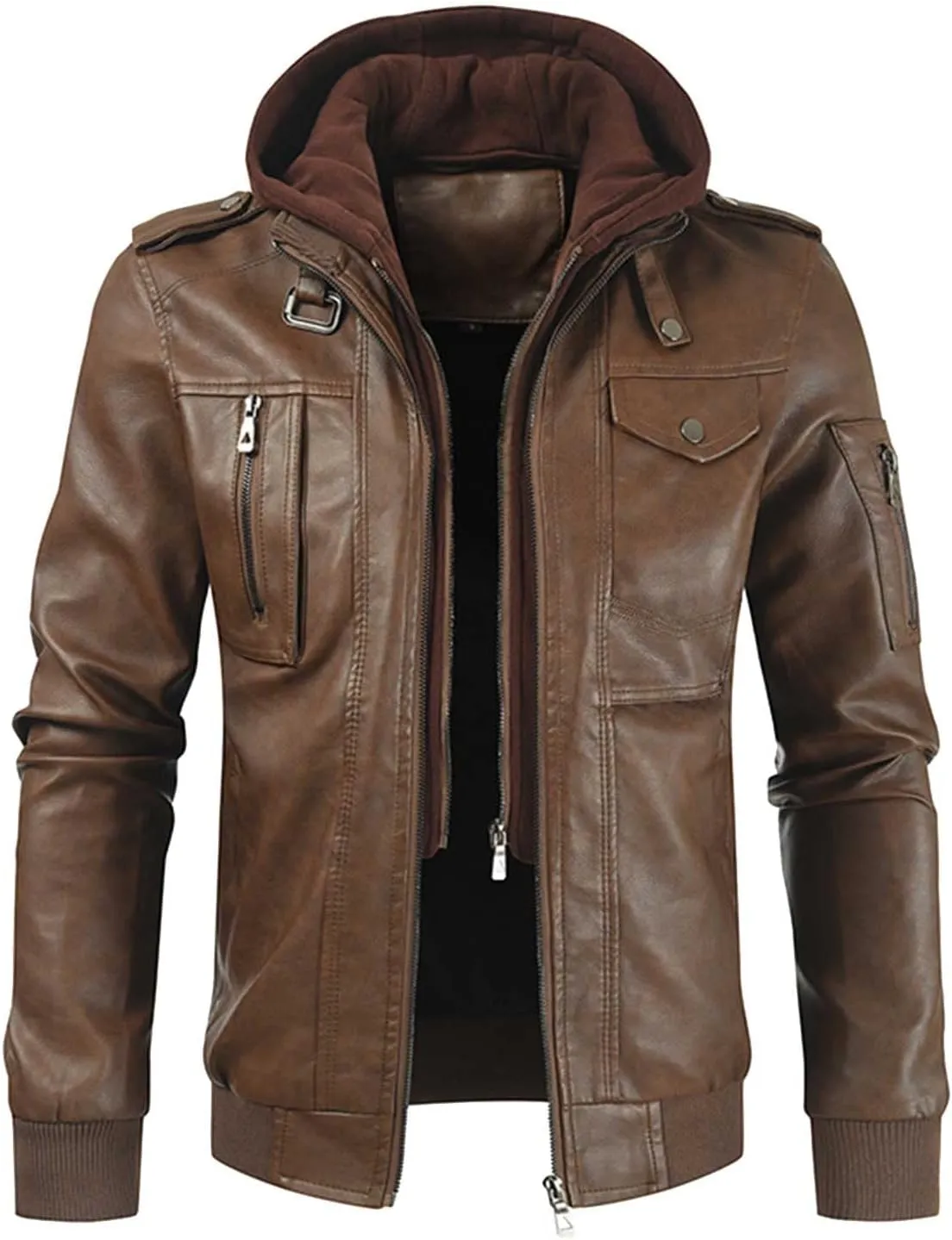 Motorcycle Jackets Coat for Men Winter Fleece Lined Faux Leather Jacket Windproof Bomber Trucker Jackets with Hood