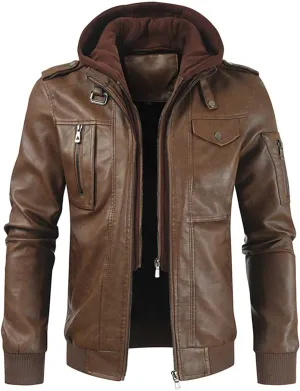 Motorcycle Jackets Coat for Men Winter Fleece Lined Faux Leather Jacket Windproof Bomber Trucker Jackets with Hood