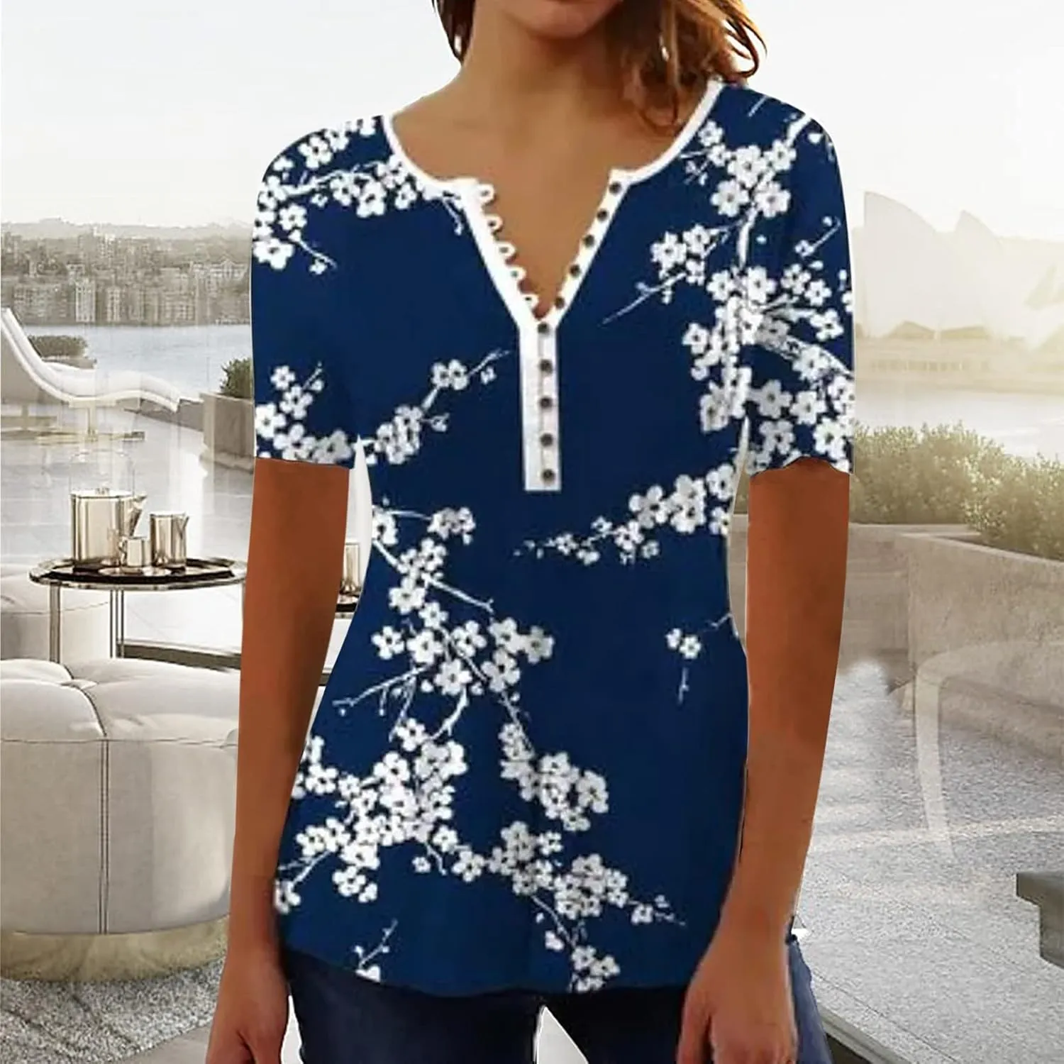 Mzkdieey Women Short Sleeve Henley T Shirt Summer Casual Floral Print Tops Empire Waist V Neck Button Down Pleated Blouse