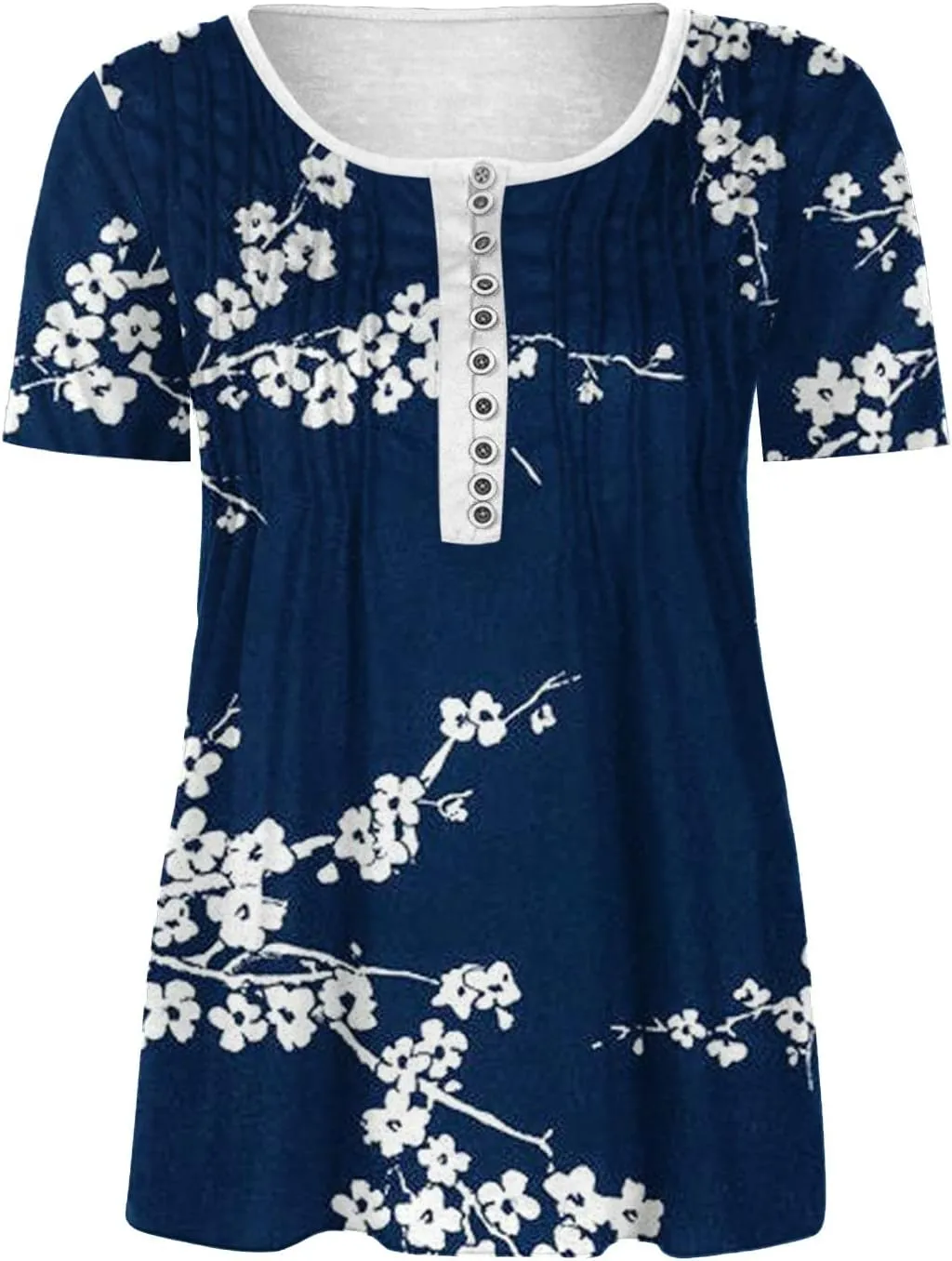 Mzkdieey Women Short Sleeve Henley T Shirt Summer Casual Floral Print Tops Empire Waist V Neck Button Down Pleated Blouse