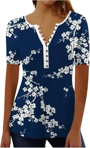 Mzkdieey Women Short Sleeve Henley T Shirt Summer Casual Floral Print Tops Empire Waist V Neck Button Down Pleated Blouse