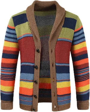 NATHGAM Men's Striped Cardigan Sweaters Color Block Knitted Trendy Button Down Coat Ribbed Open Front Chunky Knitwear Jackets