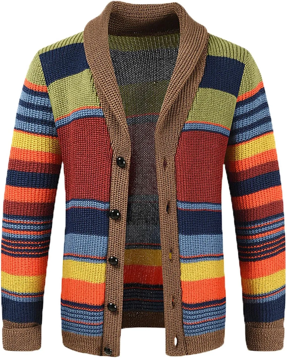 NATHGAM Men's Striped Cardigan Sweaters Color Block Knitted Trendy Button Down Coat Ribbed Open Front Chunky Knitwear Jackets