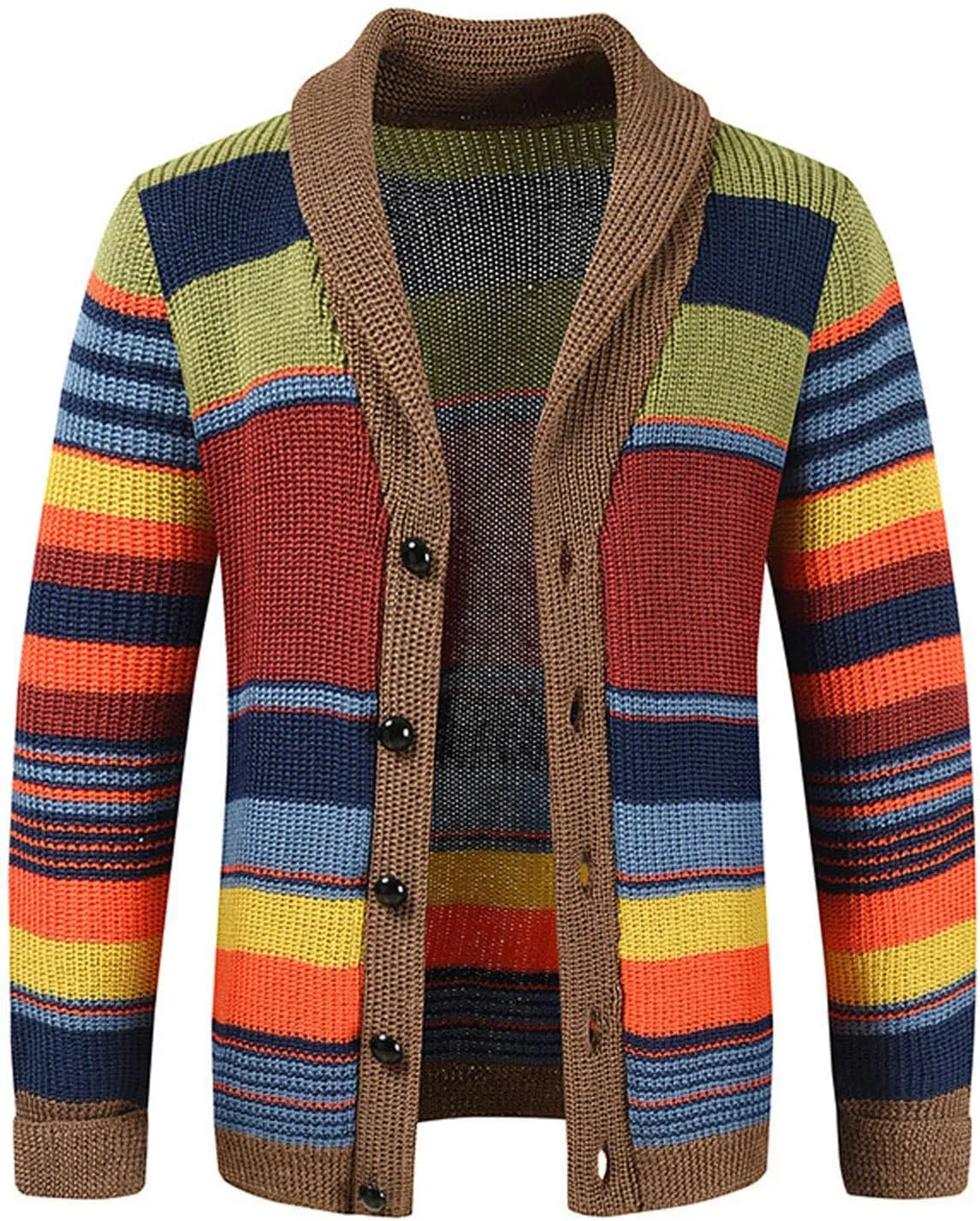 NATHGAM Men's Striped Cardigan Sweaters Color Block Knitted Trendy Button Down Coat Ribbed Open Front Chunky Knitwear Jackets