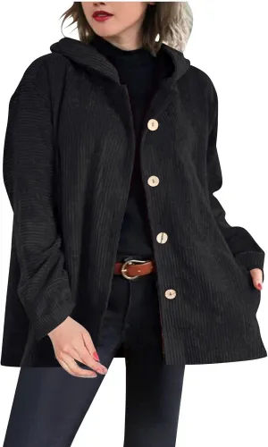 NATHGAM Women Corduroy Cardigan Sweaters Oversized Button Hooded Casual Coat Chunky Warm Fleece Knit Loose Fit Shacket Jacket