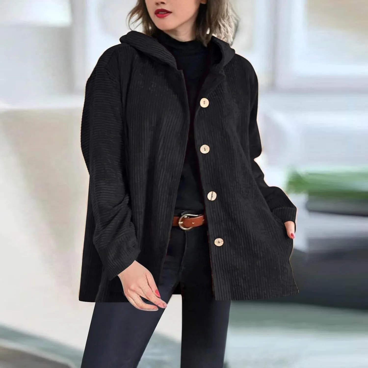 NATHGAM Women Corduroy Cardigan Sweaters Oversized Button Hooded Casual Coat Chunky Warm Fleece Knit Loose Fit Shacket Jacket