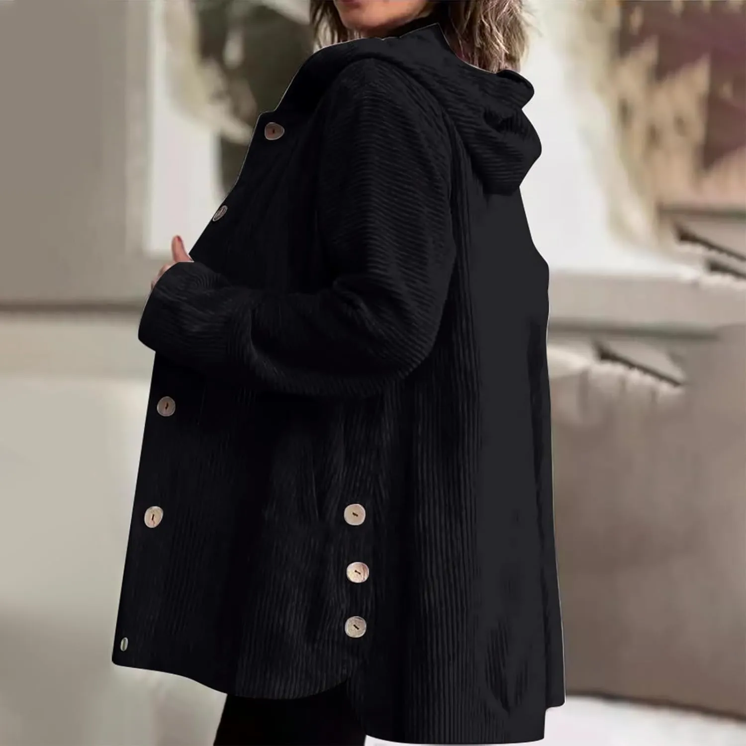NATHGAM Women Corduroy Cardigan Sweaters Oversized Button Hooded Casual Coat Chunky Warm Fleece Knit Loose Fit Shacket Jacket