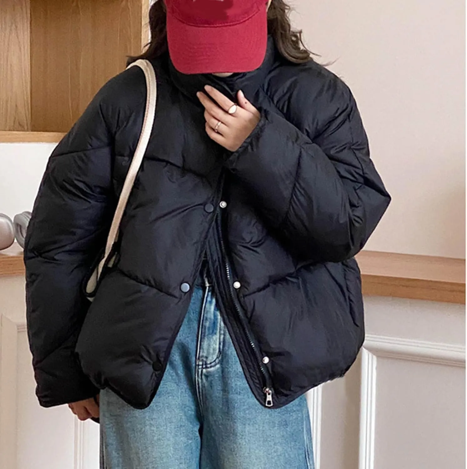 NATHGAM Women Short Puffer Down Jackets Cute Warm Winter Stand Collar Bread Jacket Fashion Casual Loose Cotton Padded Jacket
