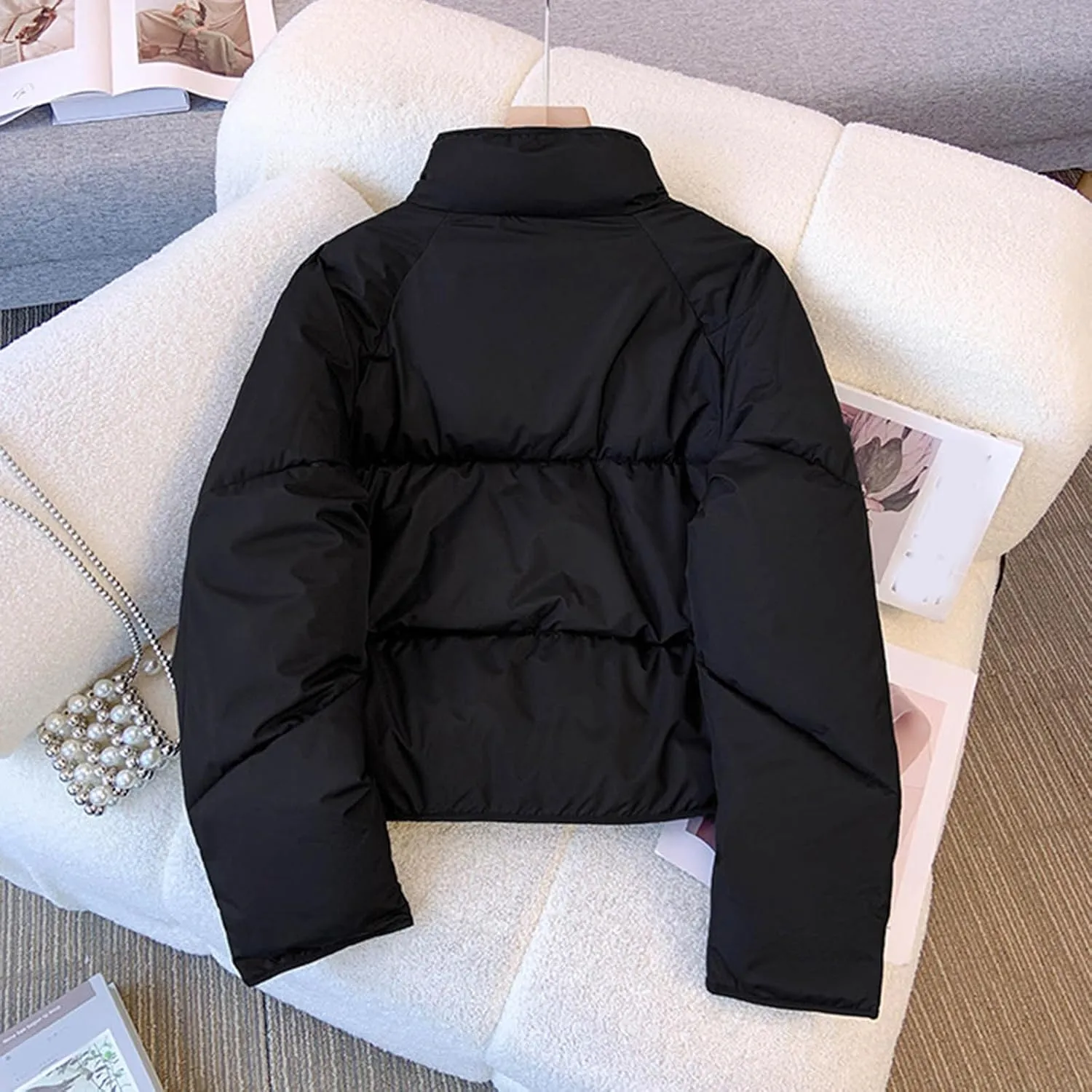 NATHGAM Women Short Puffer Down Jackets Cute Warm Winter Stand Collar Bread Jacket Fashion Casual Loose Cotton Padded Jacket