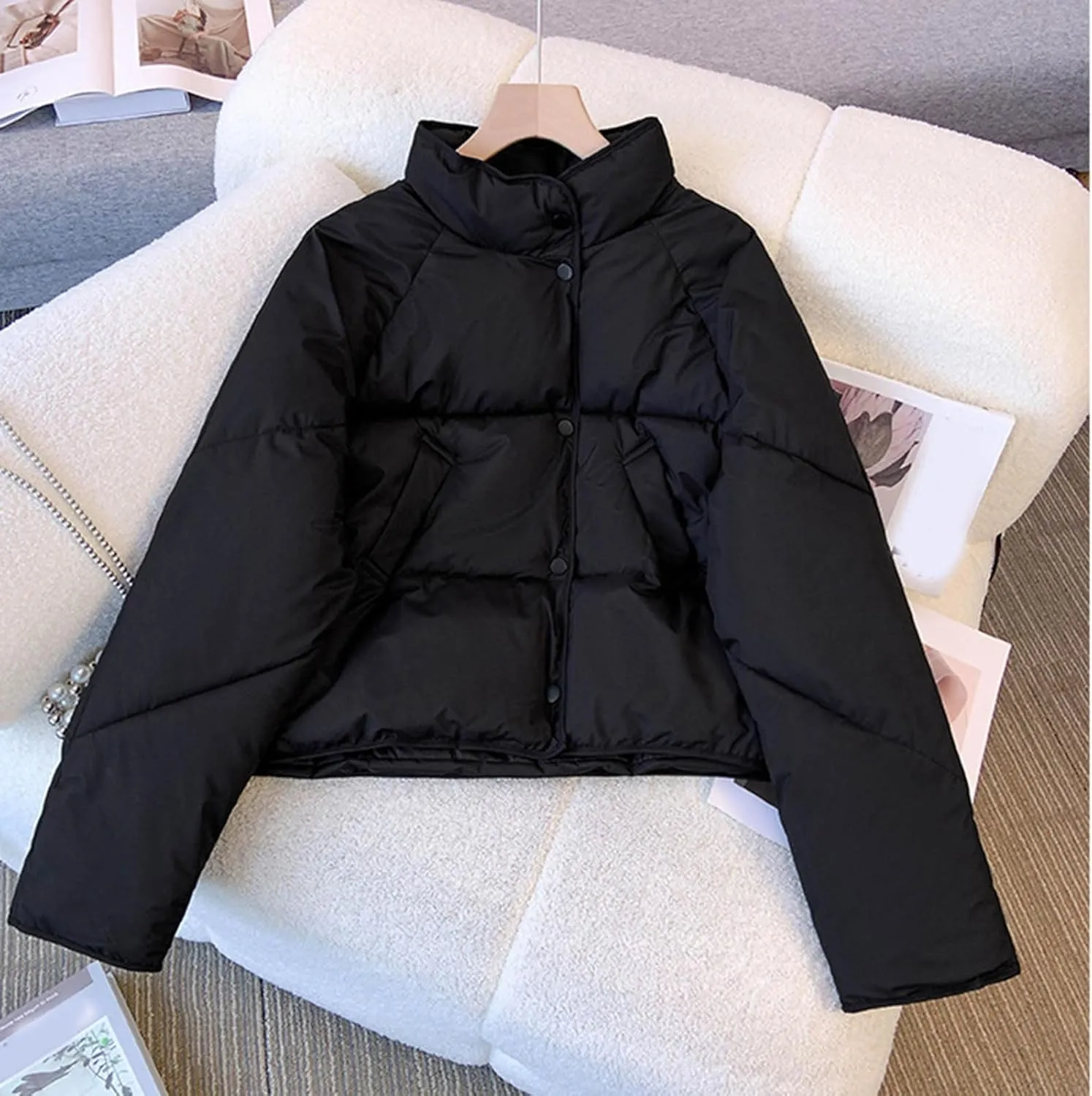 NATHGAM Women Short Puffer Down Jackets Cute Warm Winter Stand Collar Bread Jacket Fashion Casual Loose Cotton Padded Jacket