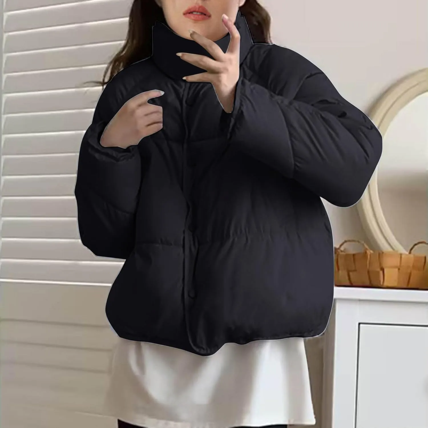 NATHGAM Women Short Puffer Down Jackets Cute Warm Winter Stand Collar Bread Jacket Fashion Casual Loose Cotton Padded Jacket