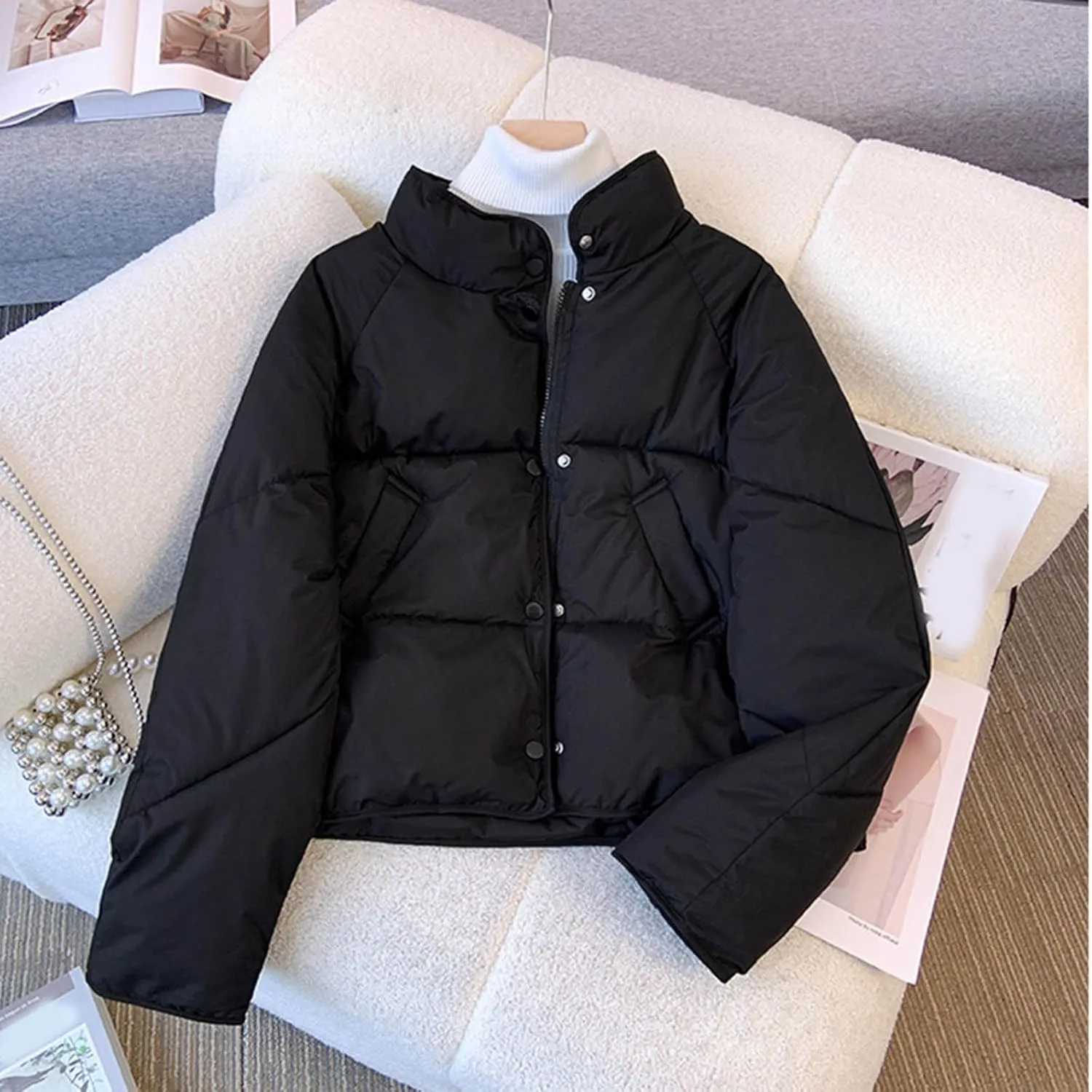 NATHGAM Women Short Puffer Down Jackets Cute Warm Winter Stand Collar Bread Jacket Fashion Casual Loose Cotton Padded Jacket