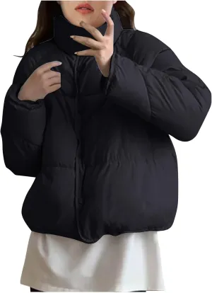 NATHGAM Women Short Puffer Down Jackets Cute Warm Winter Stand Collar Bread Jacket Fashion Casual Loose Cotton Padded Jacket