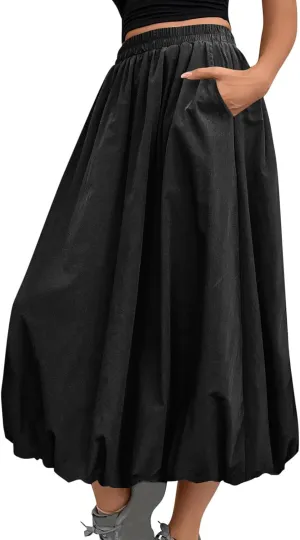 Oplxuo Women Bubble Maxi Skirt Elastic High Waisted Flowy A Line Long Puff Skirts Ruffle Hem Balloon Skirts with Pockets