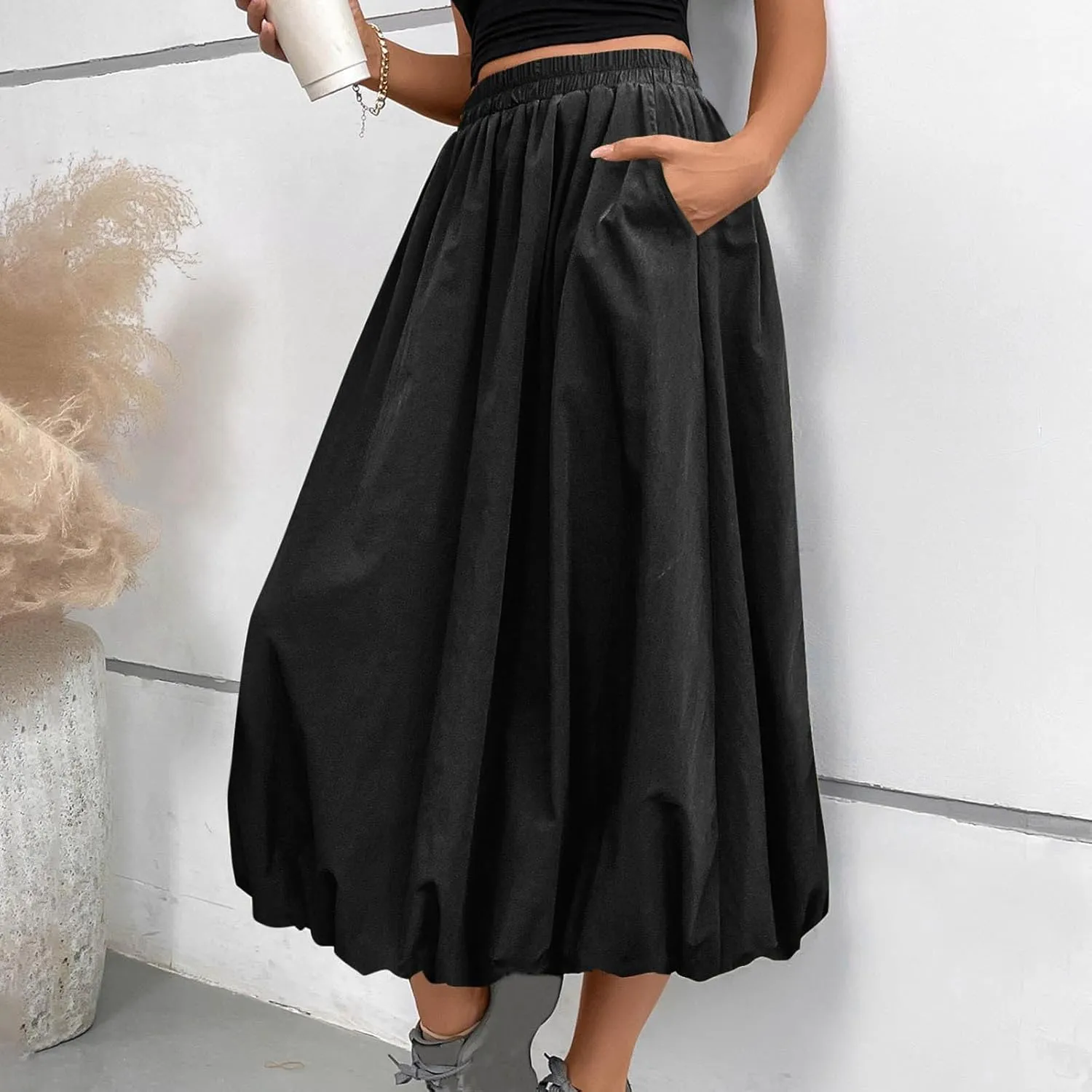 Oplxuo Women Bubble Maxi Skirt Elastic High Waisted Flowy A Line Long Puff Skirts Ruffle Hem Balloon Skirts with Pockets