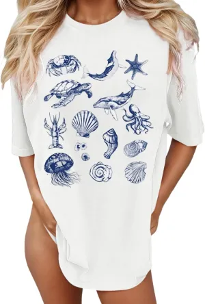Oversized Graphic Shirt for Teens Girl Y2K Ocean Floral Short Sleeve Baggy Tee Shirts Vintage Funny Tshirts