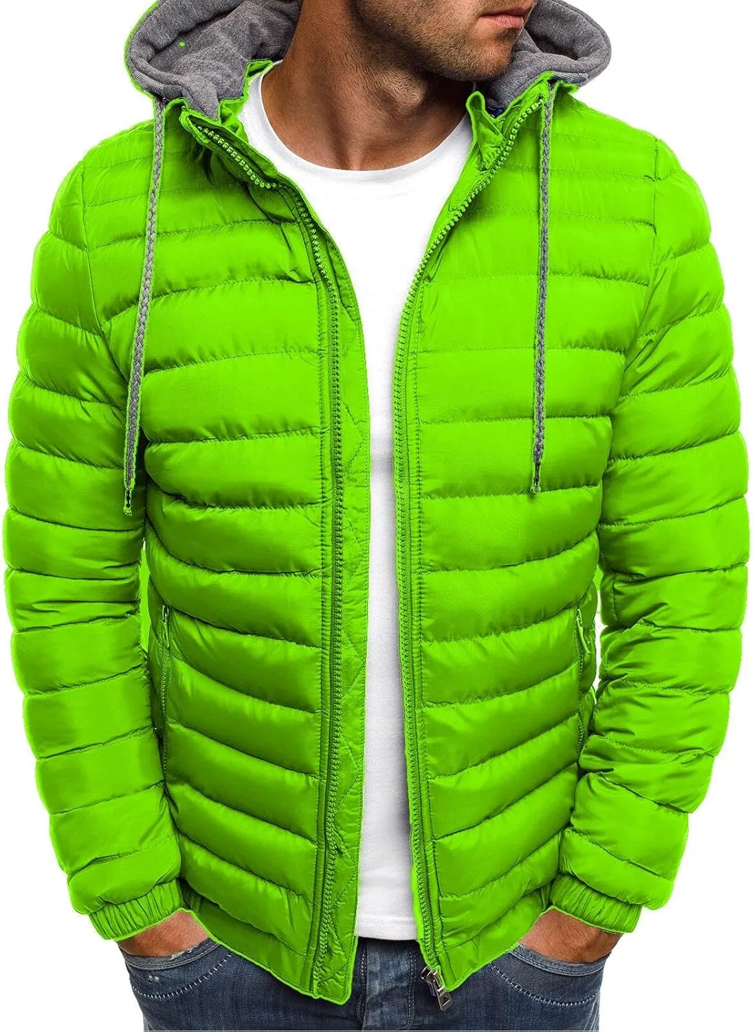 Packable Down Jacket Mens Lightweight Puffer Jacket Zip up Quilted Jacket Detachable Hoodie Jacket Warm Winter Coat