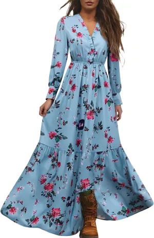 Pastoral Vintage Dress for Women Boho Floral Deep V-Neck Hem Flowy Chiffon Western Country Dresses Lace Maxi Dresses