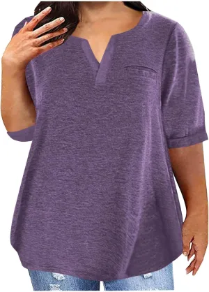 Plus Size Womens Half Sleeve Tops Notched V Neck Casual Loose Tees with Bust Pocket Oversized Solid Tunic Top 5XL