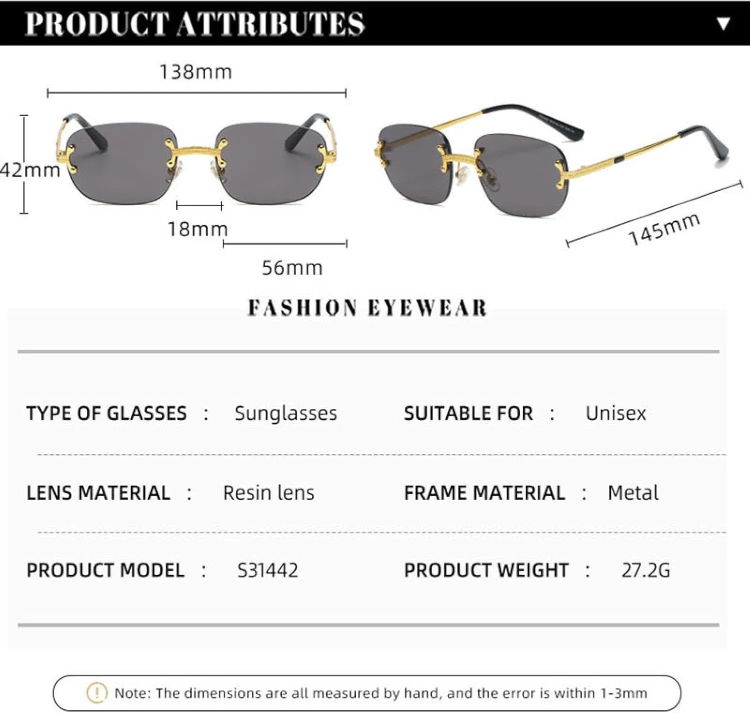 Popular Small Rectangle Sunglasses Retro Rimless Mirror Coating Shades Uv400