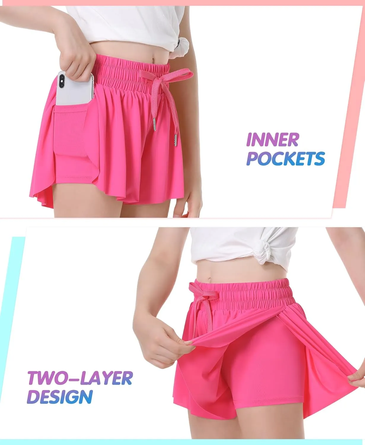 QooNoo Girls Butterfly Shorts with Pocket Flowy Athletic Shorts High Waist Preppy Running Shorts for Kids Teen