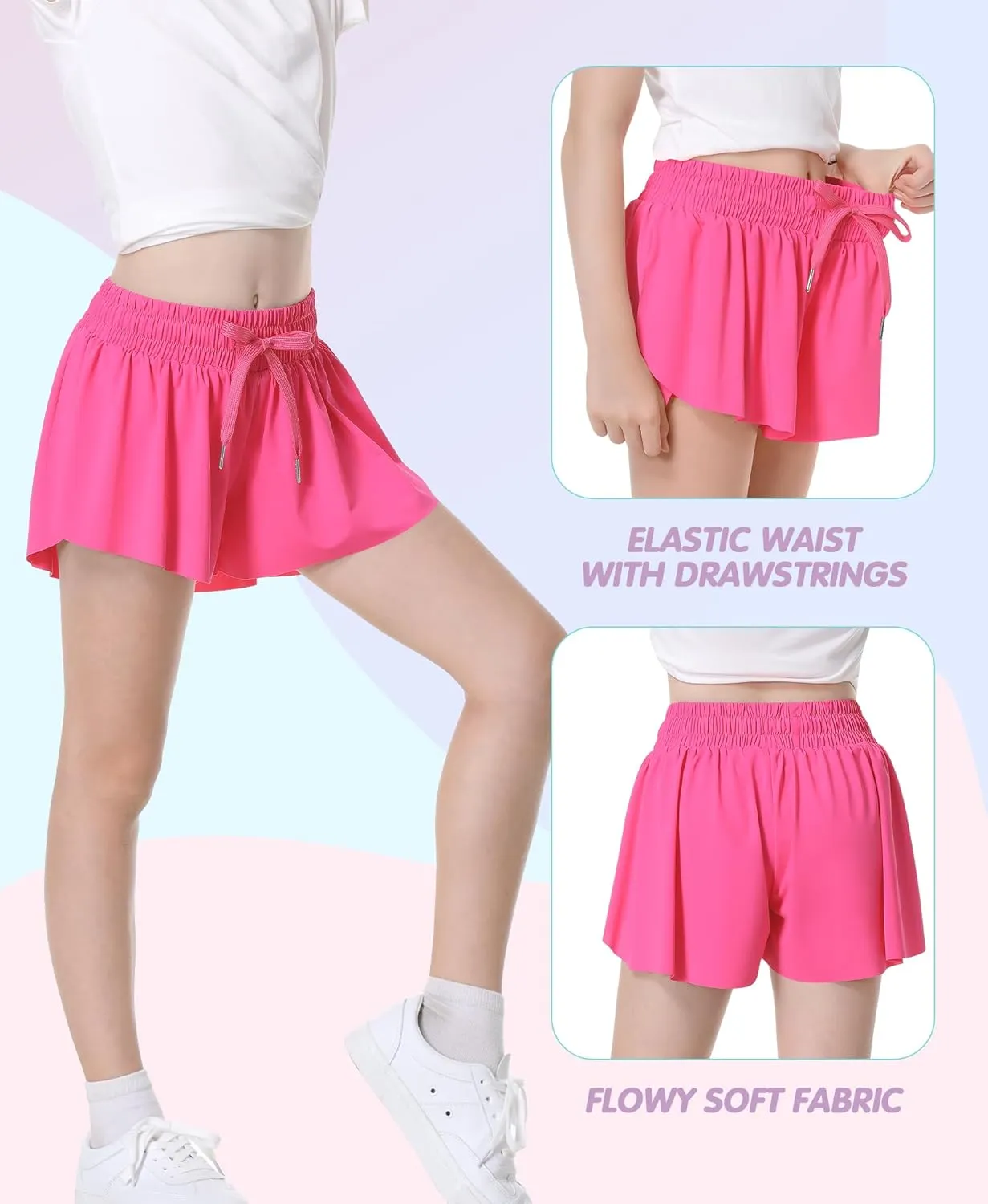 QooNoo Girls Butterfly Shorts with Pocket Flowy Athletic Shorts High Waist Preppy Running Shorts for Kids Teen