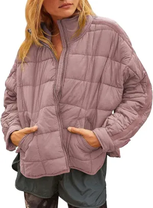 Quilted Jackets for Women Lightweight Puffer Jackets Packable Down Coat Casual Long Sleeve Tops Warm Winter Coat