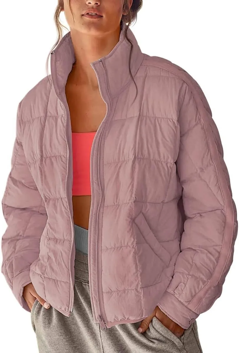 Quilted Jackets for Women Lightweight Puffer Jackets Packable Down Coat Casual Long Sleeve Tops Warm Winter Coat