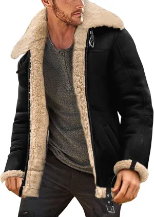 QWENTMTNTY Men's Sherpa Lined Faux Leather Jacket Vintage Heavyweight Shearing Winter Coats Plus Size Thicken Bomber Jacket