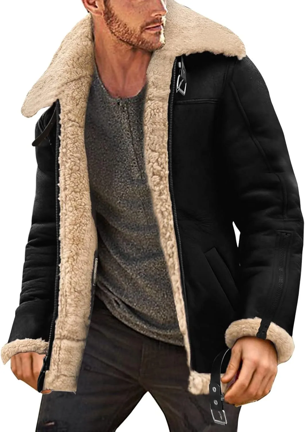 QWENTMTNTY Men's Sherpa Lined Faux Leather Jacket Vintage Heavyweight Shearing Winter Coats Plus Size Thicken Bomber Jacket