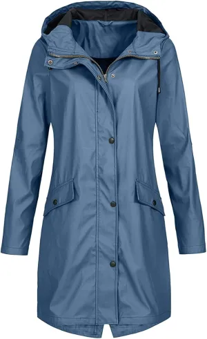 Raincoat for Women Long Sleeve Button Hooded Waterproof Raincoats Outdoor Long Active Windbreaker Jacket with Pockets