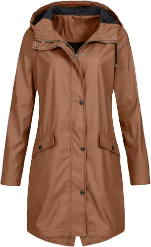 Raincoat for Women Long Sleeve Button Hooded Waterproof Raincoats Outdoor Long Active Windbreaker Jacket with Pockets