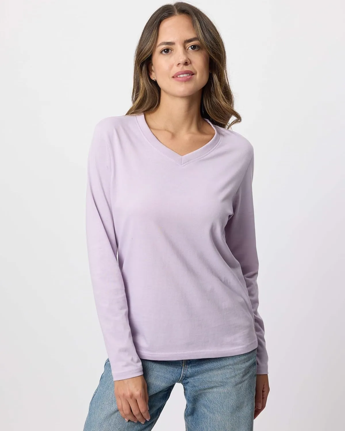 Real Essentials 4 Pack: Women's V-Neck Cotton Long-Sleeve T-Shirt (Available in Plus Size)