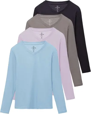 Real Essentials 4 Pack: Women's V-Neck Cotton Long-Sleeve T-Shirt (Available in Plus Size)