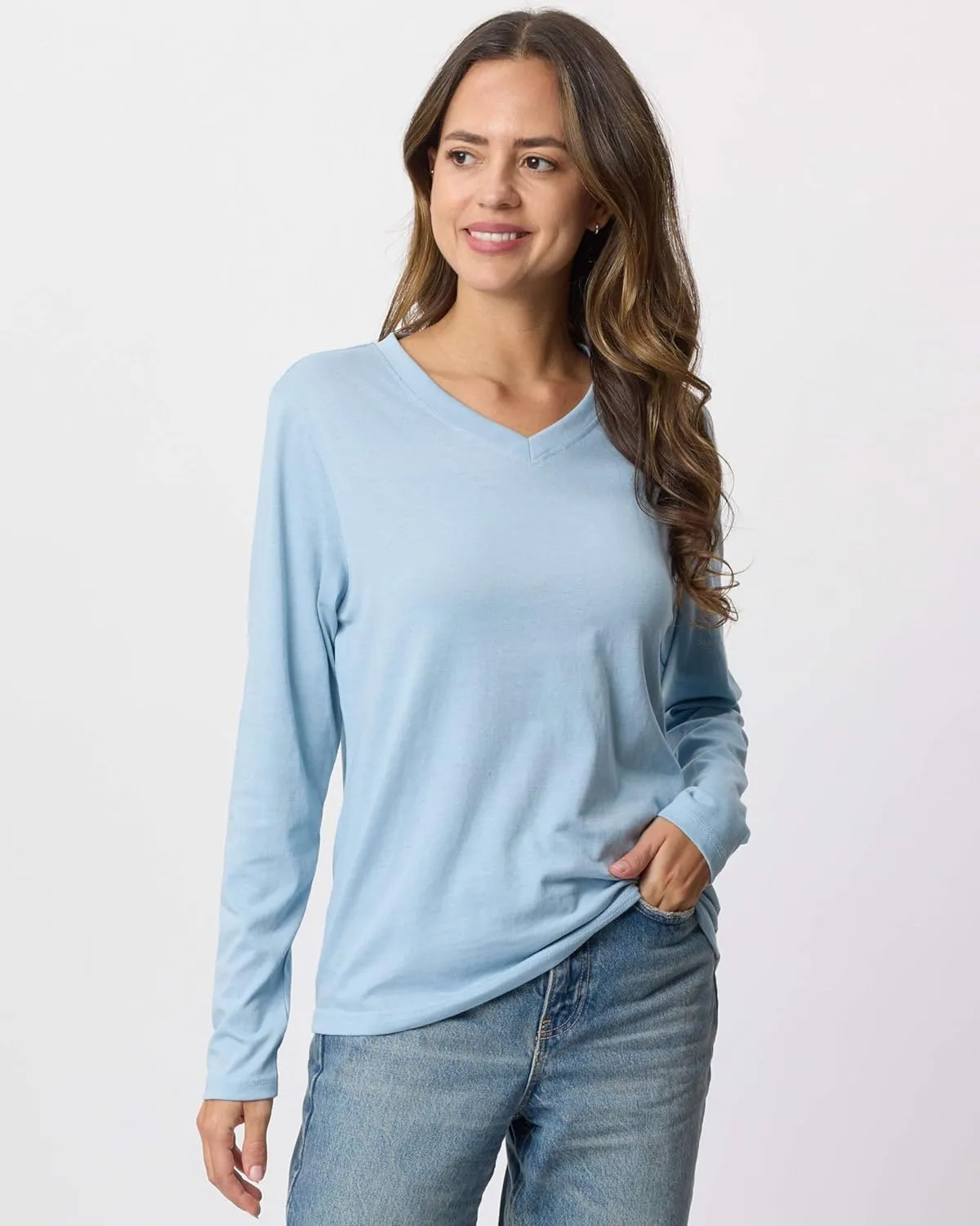 Real Essentials 4 Pack: Women's V-Neck Cotton Long-Sleeve T-Shirt (Available in Plus Size)
