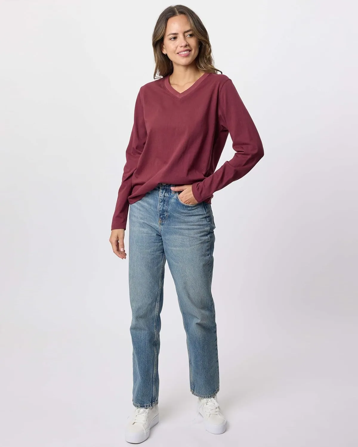 Real Essentials 4 Pack: Women's V-Neck Cotton Long-Sleeve T-Shirt (Available in Plus Size)