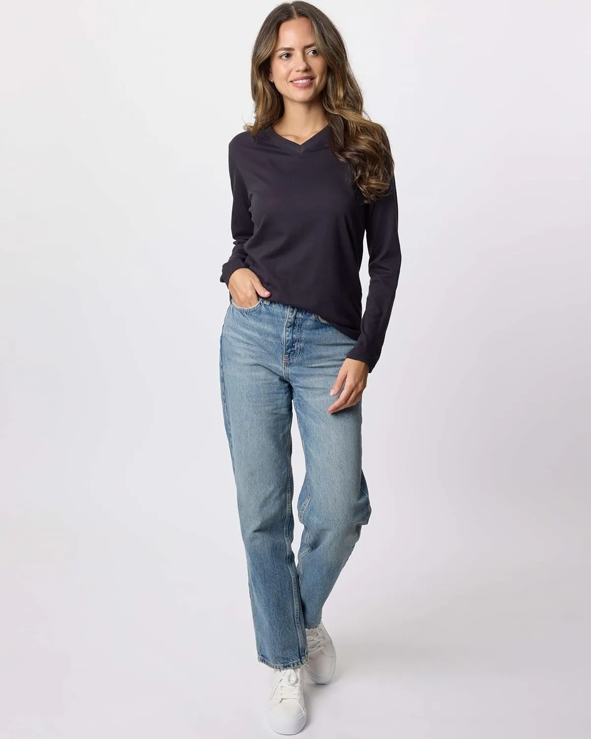Real Essentials 4 Pack: Women's V-Neck Cotton Long-Sleeve T-Shirt (Available in Plus Size)