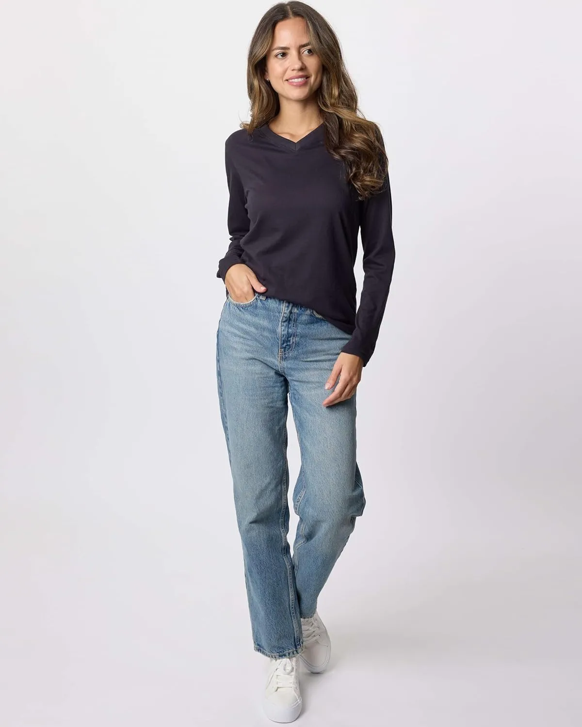 Real Essentials 4 Pack: Women's V-Neck Cotton Long-Sleeve T-Shirt (Available in Plus Size)