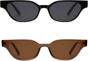 Retro Cat Eye Sunglasses for Women Small 90s Style Vintage Look Trendy Narrow Skinny Frame 2-Pack
