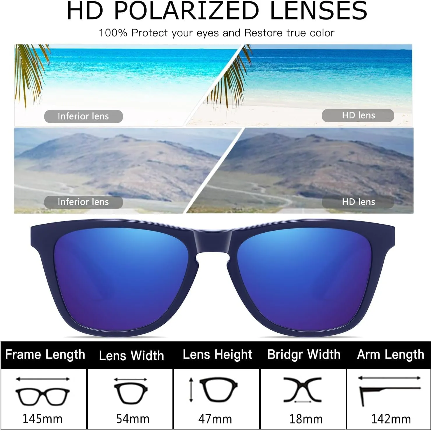 Retro Polarized Sunglasses for Men Women Lightweigh Acetate Frame Eyewear UV400 Protection for Driving Fishing