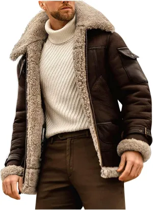 RTRDE Men's Jackets Fashion Faux Leather Sherpa Lined Bomber Jacket Winter Warm Turn-Down Collar Coats Jacket, M-5XL