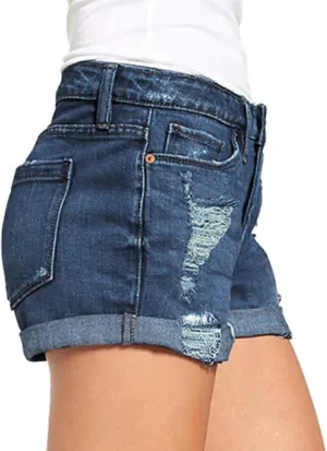 Rvidbe Jean Shorts Womens Stretchy Womens High Waisted Jean Shorts 4 Pockets Summer Stretchy Denim Shorts Folded Hem Jeans Shorts for Women Denim Shorts Women Knee Length