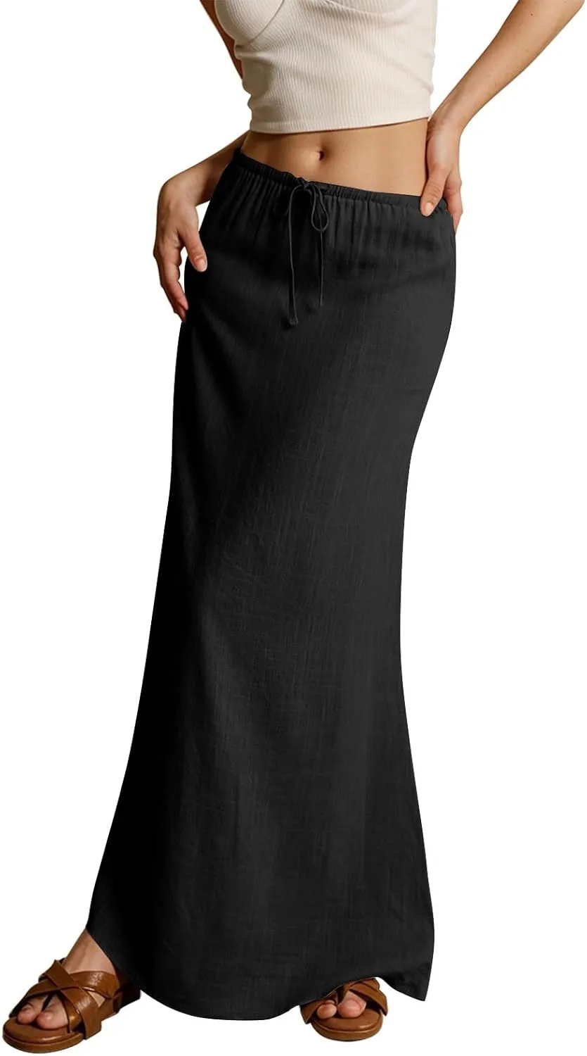 Rvidbe Spring Skirts for Women 2025 Summer Comfy Drawstring Sexy Low Waist Cotton Linen Skirts Vacation Boho Flowy Skirts
